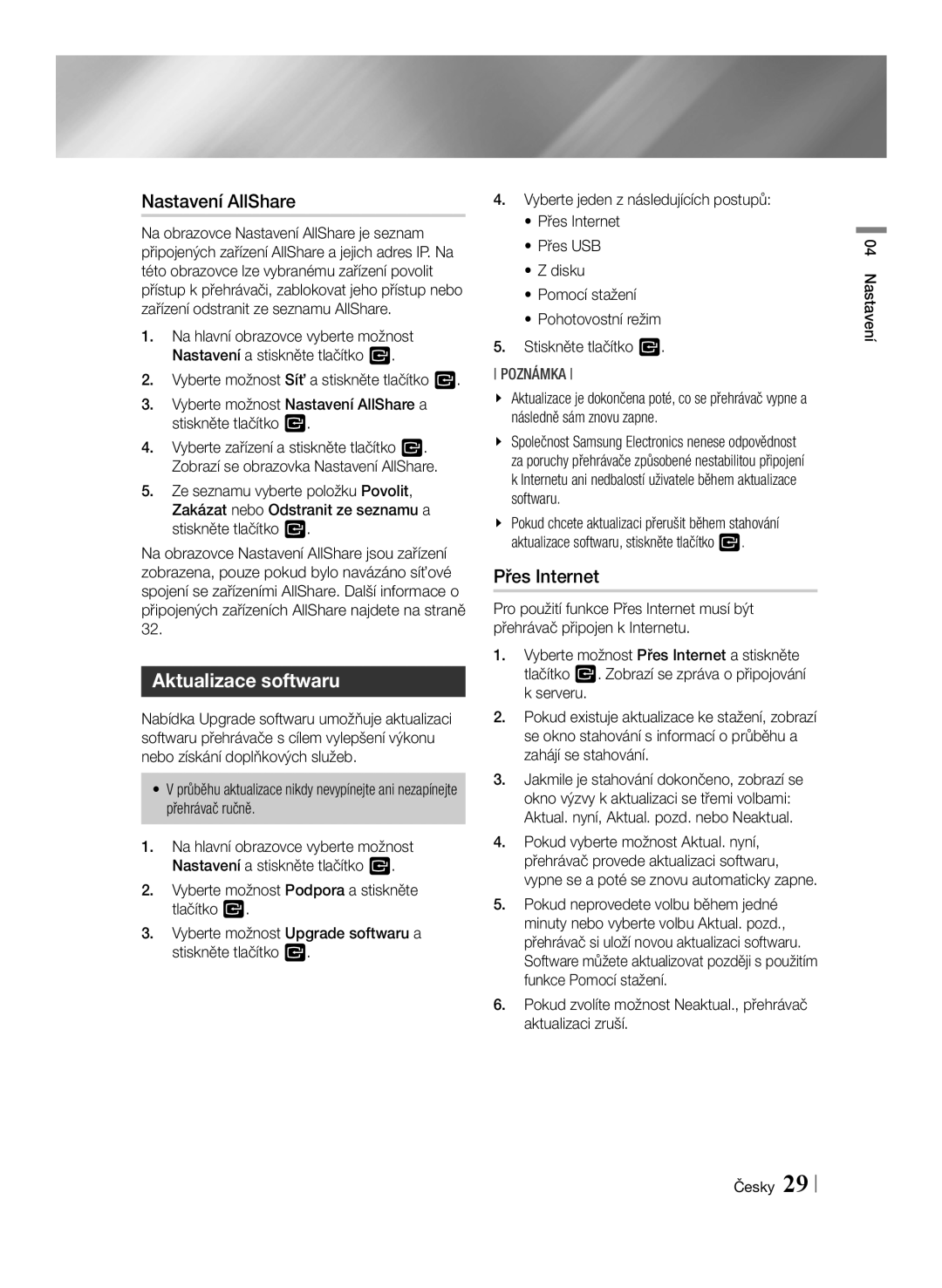 Samsung BD-ES6000/EN, BD-ES6000E/EN manual Nastavení AllShare, Aktualizace softwaru, Přes Internet 