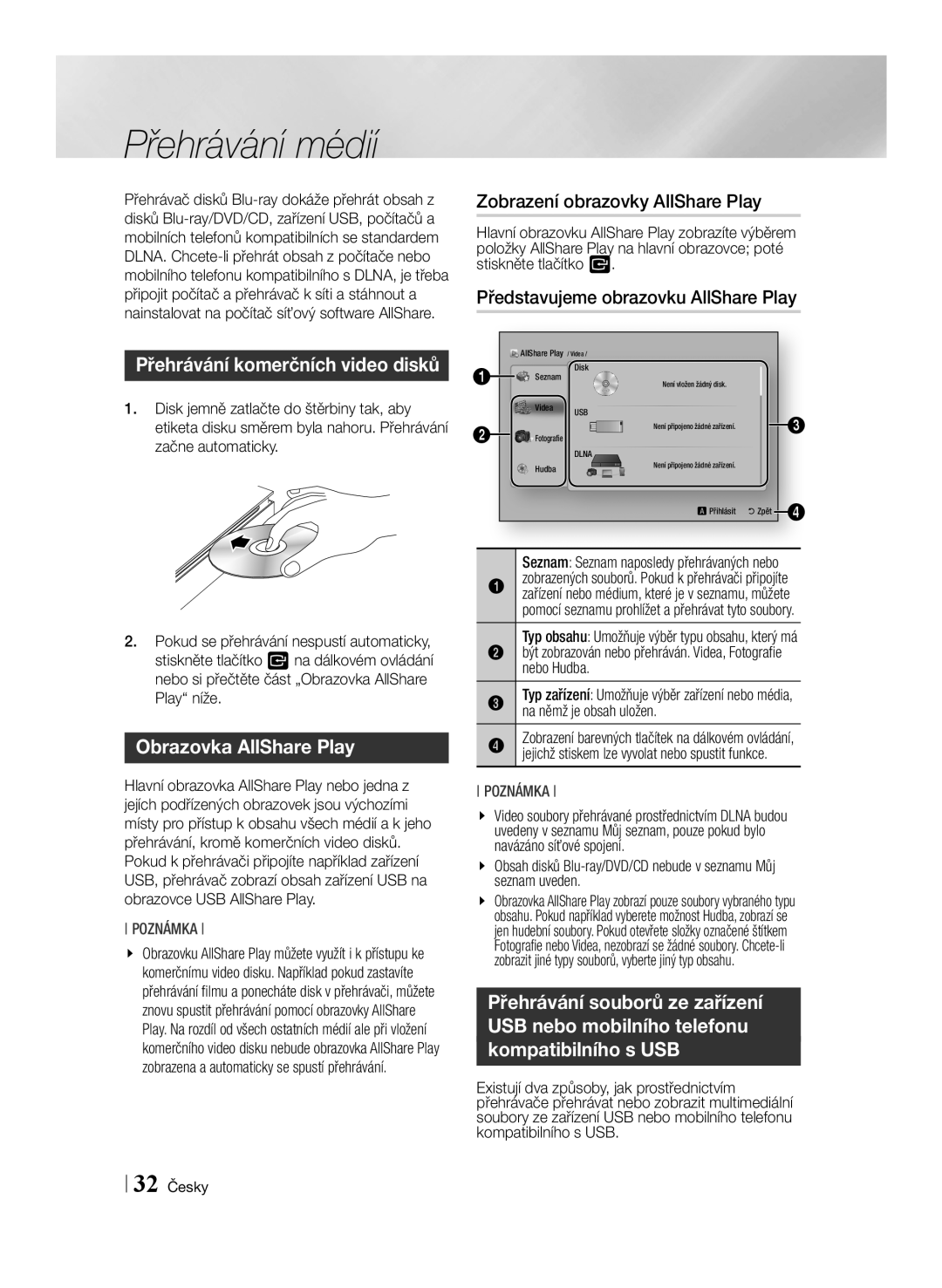 Samsung BD-ES6000E/EN, BD-ES6000/EN manual Přehrávání médií, Přehrávání komerčních video disků, Obrazovka AllShare Play 