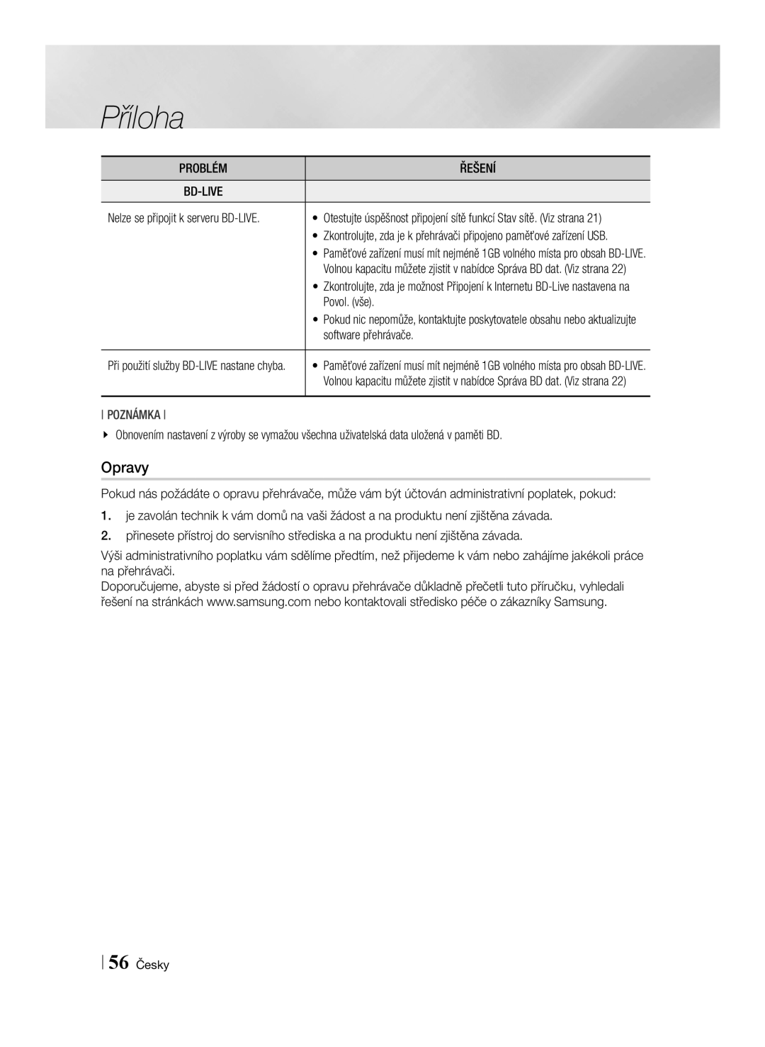 Samsung BD-ES6000E/EN, BD-ES6000/EN Opravy, Povol. vše, Software přehrávače, Nelze se připojit k serveru BD-LIVE, 56 Česky 