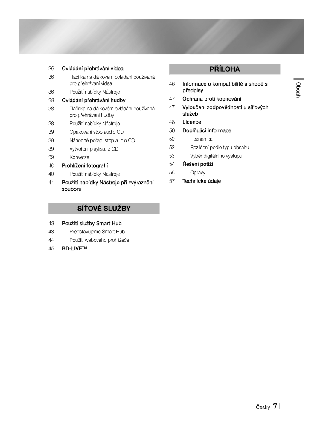 Samsung BD-ES6000/EN, BD-ES6000E/EN manual Bd-Live, Obsah Česky 