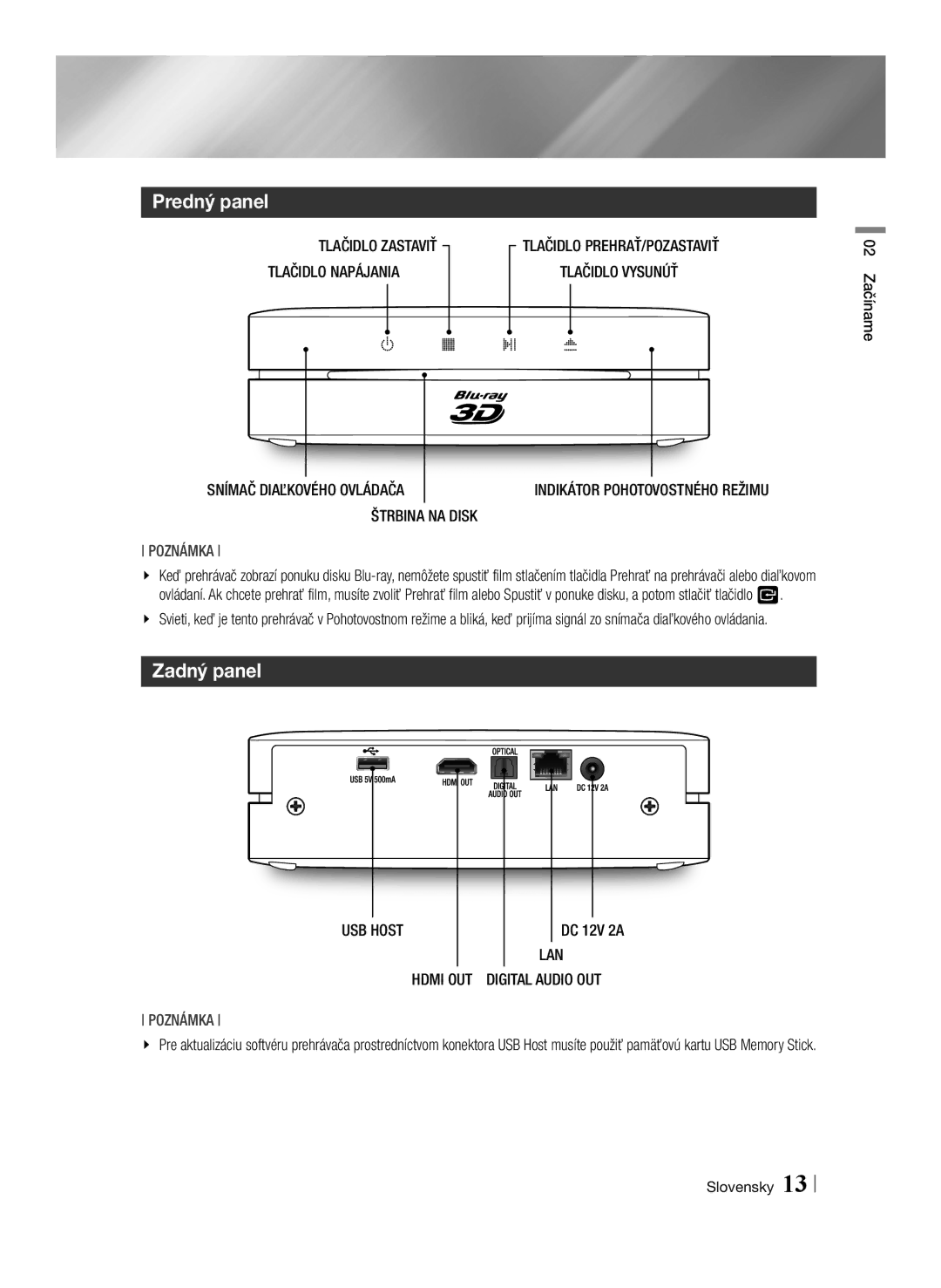 Samsung BD-ES6000/EN, BD-ES6000E/EN manual Predný panel, Zadný panel, NA Disk, USB Host, 02 Začíname 