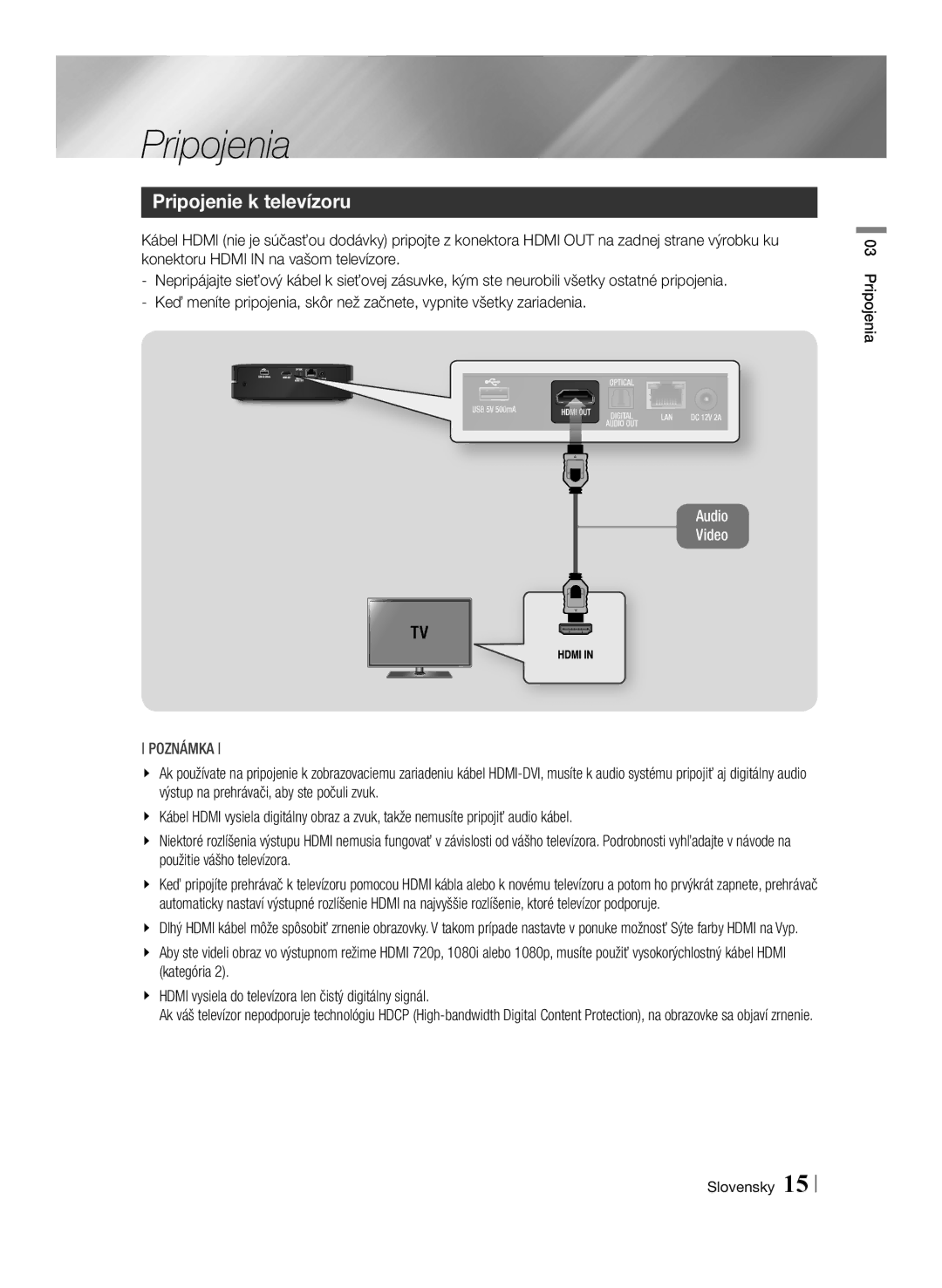 Samsung BD-ES6000/EN, BD-ES6000E/EN manual Pripojenie k televízoru, Pripojenia Slovensky 