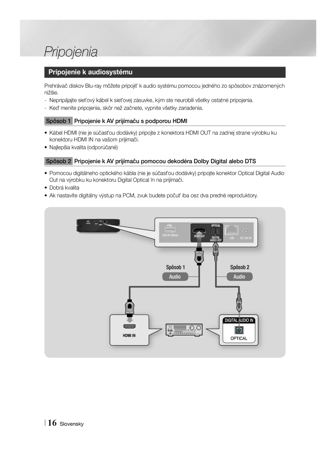 Samsung BD-ES6000E/EN, BD-ES6000/EN manual Pripojenie k audiosystému 