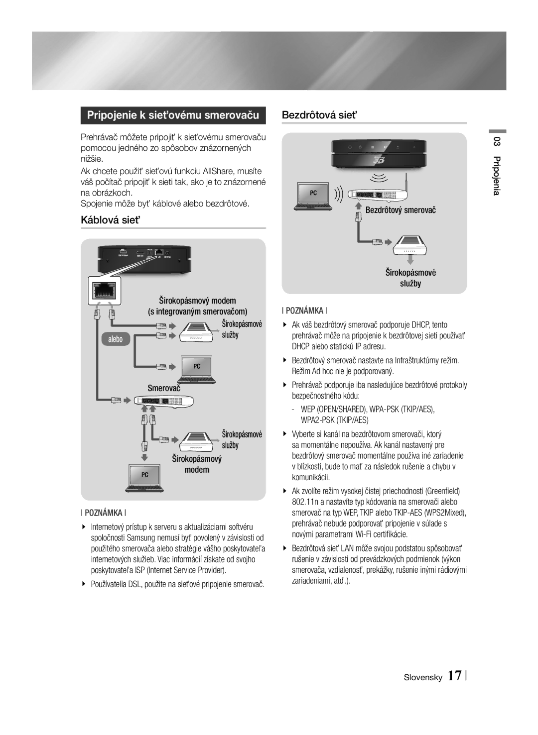 Samsung BD-ES6000/EN, BD-ES6000E/EN manual Pripojenie k sieťovému smerovaču, Káblová sieť, Bezdrôtová sieť 