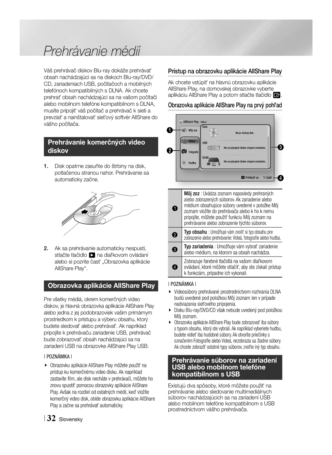 Samsung BD-ES6000E/EN manual Prehrávanie médií, Prehrávanie komerčných video diskov, Obrazovka aplikácie AllShare Play 