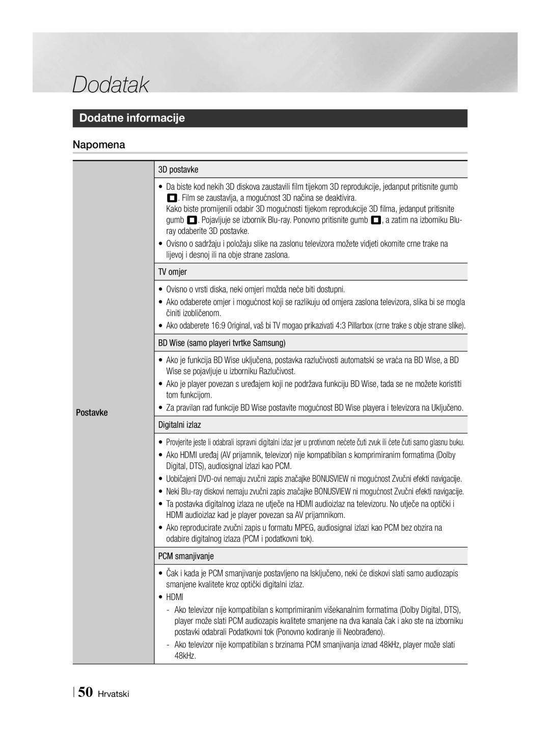 Samsung BD-ES6000E/EN, BD-ES6000/EN manual Postavke 3D postavke, Digitalni izlaz 