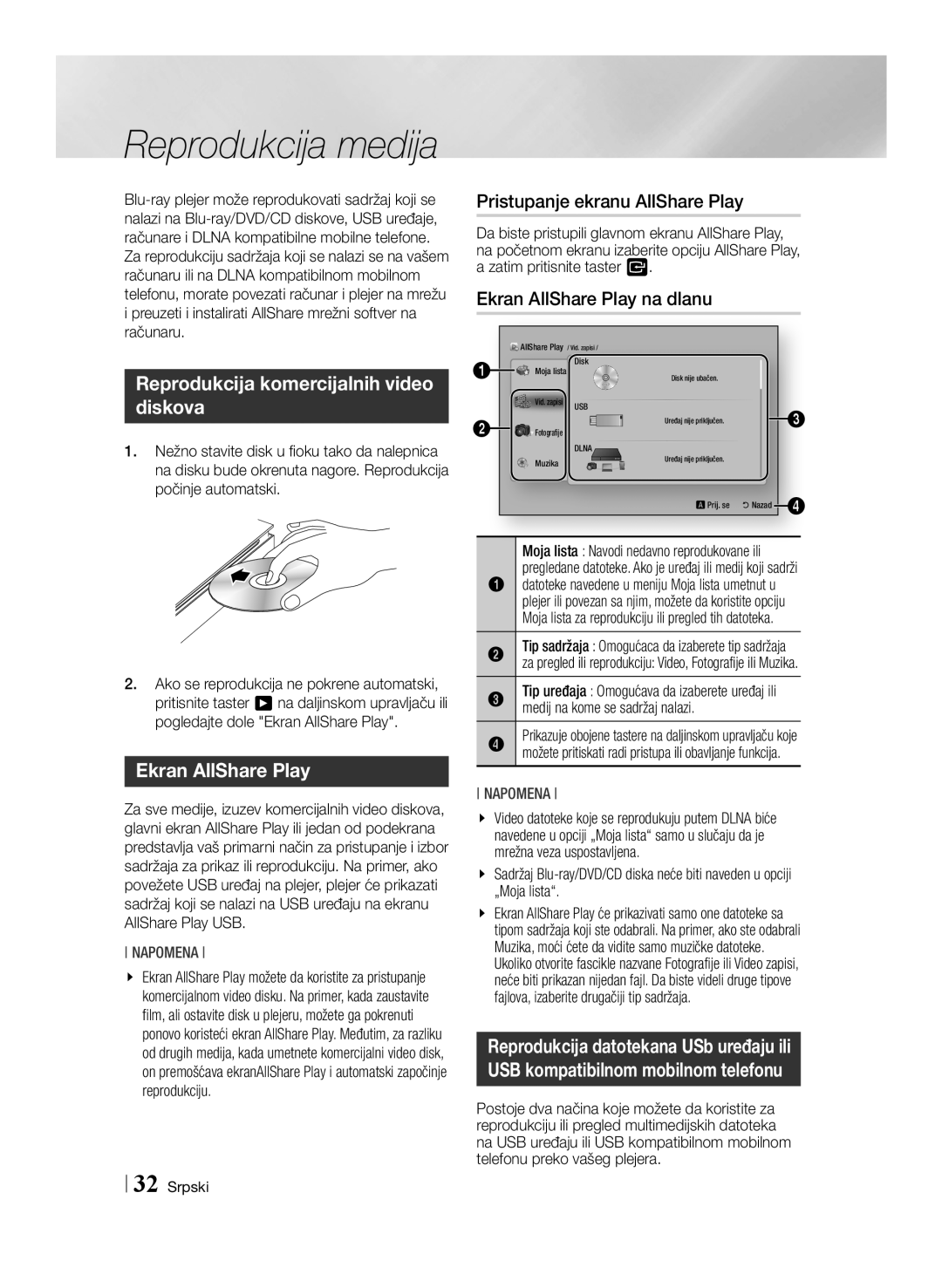 Samsung BD-ES6000E/EN Reprodukcija komercijalnih video diskova, Ekran AllShare Play, Pristupanje ekranu AllShare Play 