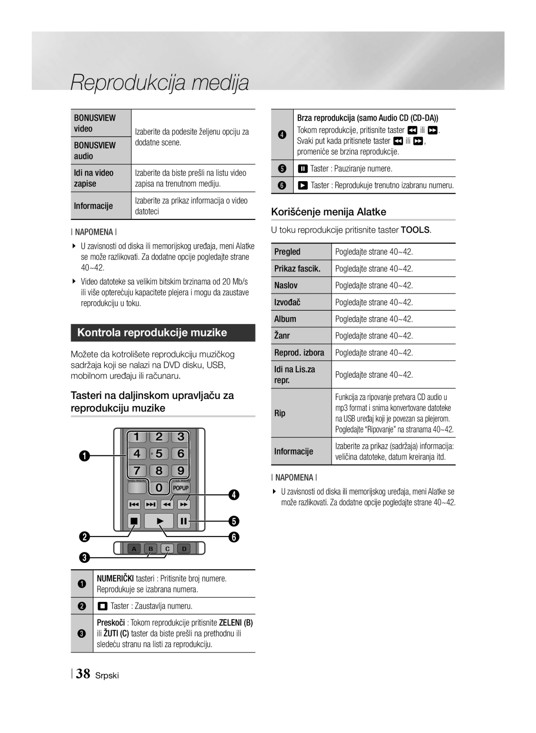 Samsung BD-ES6000E/EN Kontrola reprodukcije muzike, Tasteri na daljinskom upravljaču za reprodukciju muzike, Bonusview 