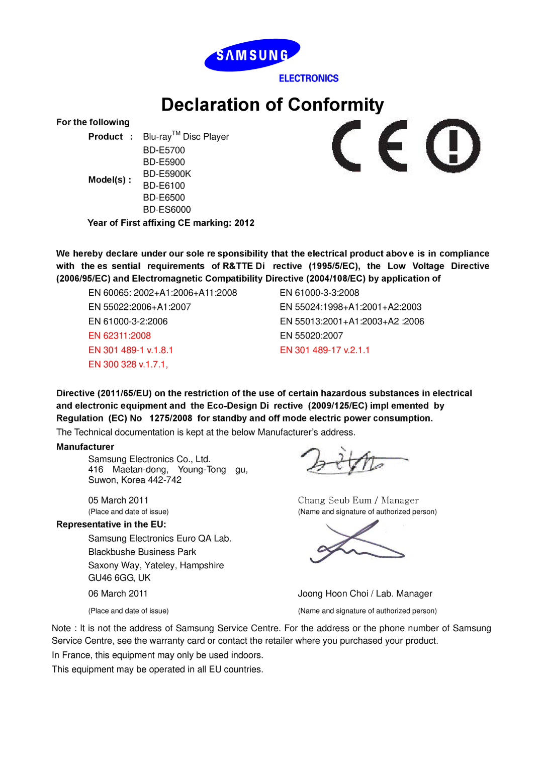 Samsung BD-ES6000E/EN, BD-ES6000E/XN manual Declaration of Conformity, For the following Product Models, Manufacturer 