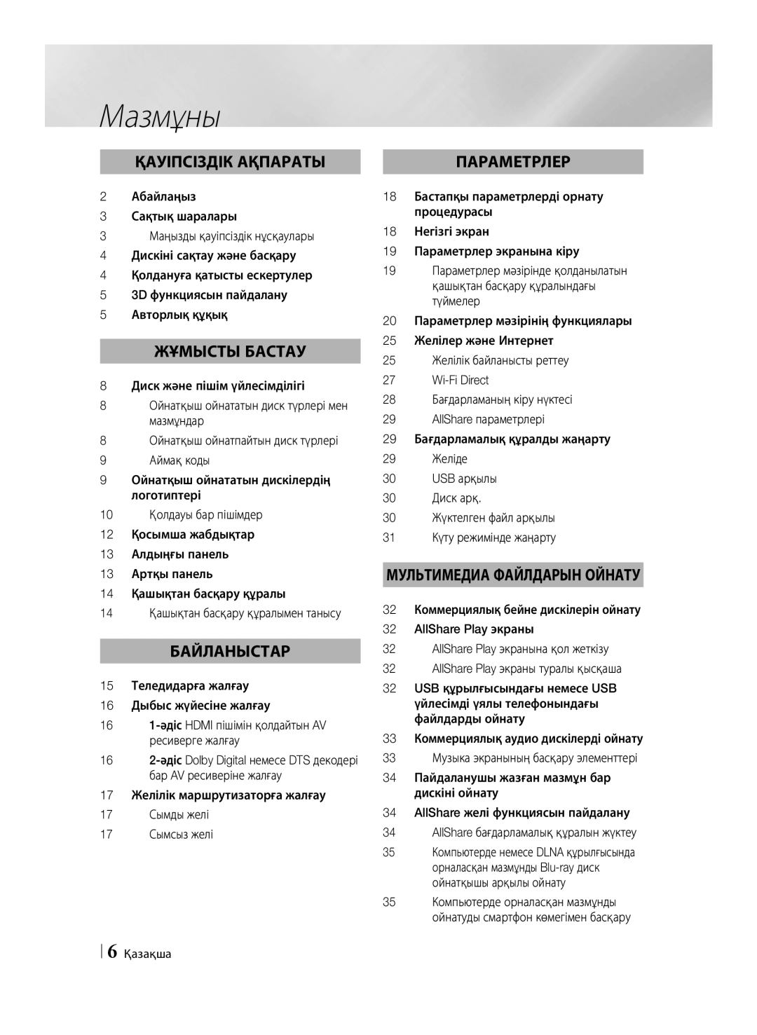 Samsung BD-ES6000/RU, BD-ES6000E/RU manual Мазмұны 