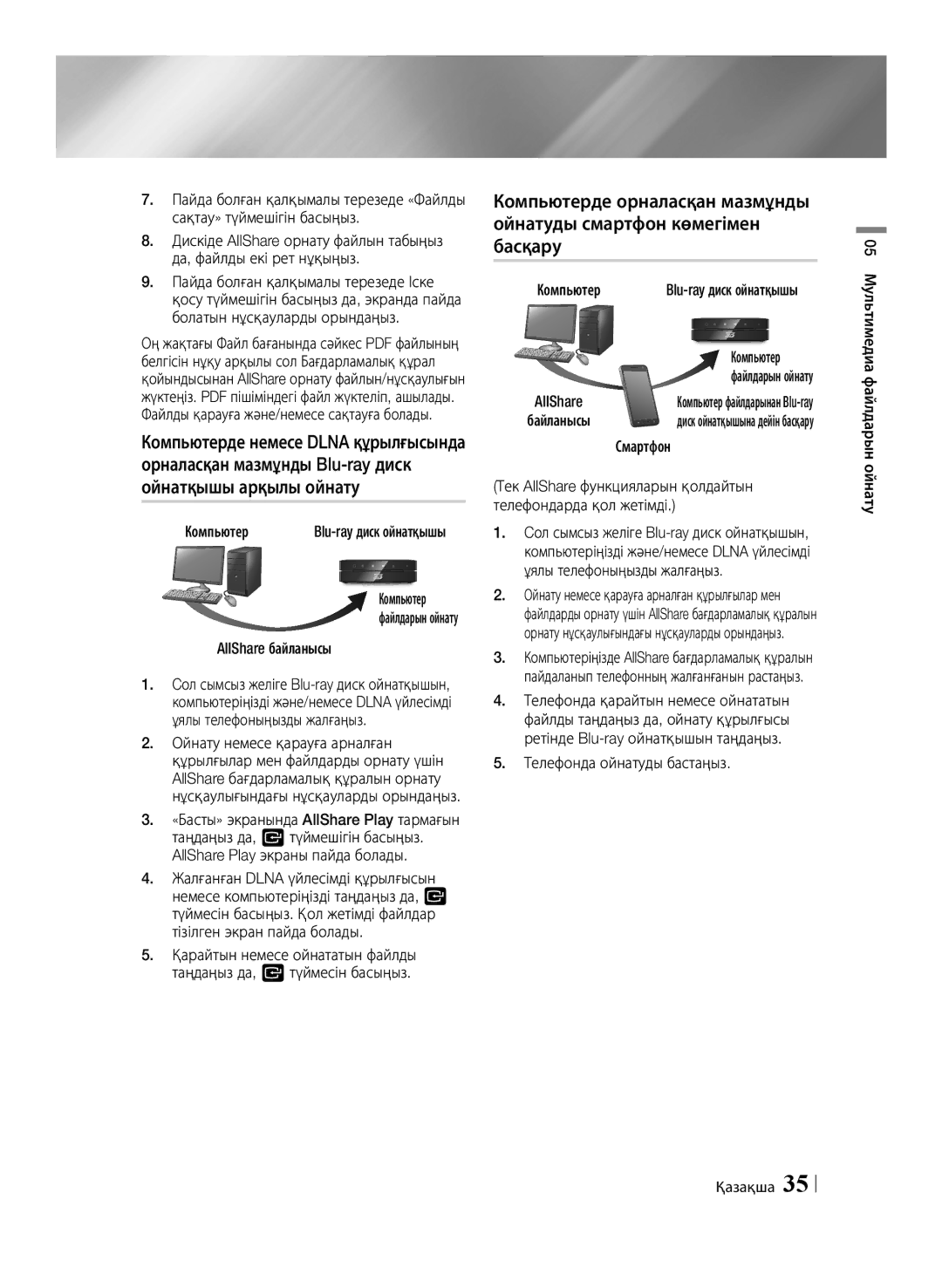 Samsung BD-ES6000E/RU, BD-ES6000/RU AllShare байланысы, Компьютер, Файлдарын ойнату, Смартфон, Телефонда ойнатуды бастаңыз 