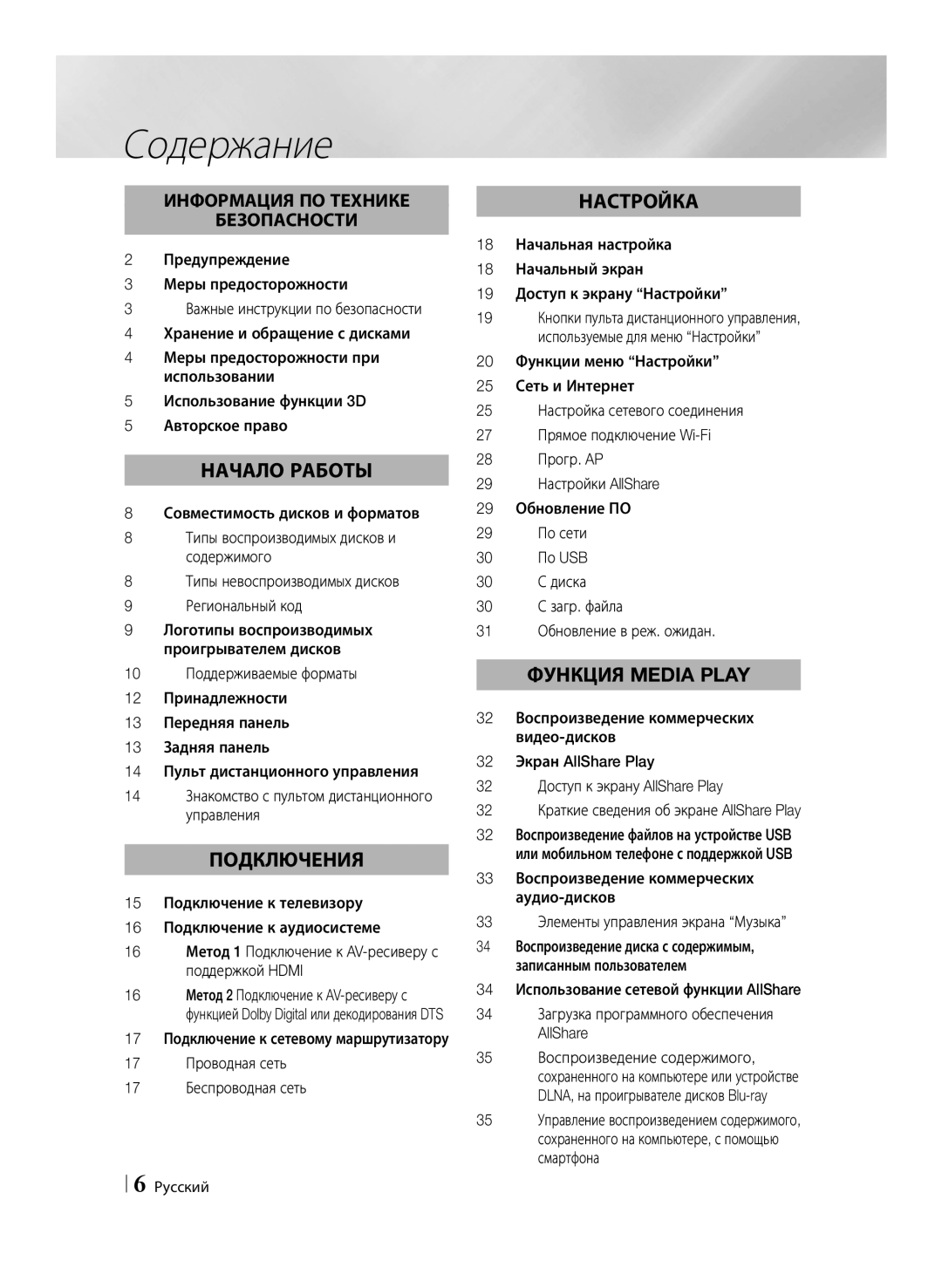 Samsung BD-ES6000/RU Содержание, 17 Проводная сеть 17 Беспроводная сеть, 30 С загр. файла 31 Обновление в реж. ожидан 