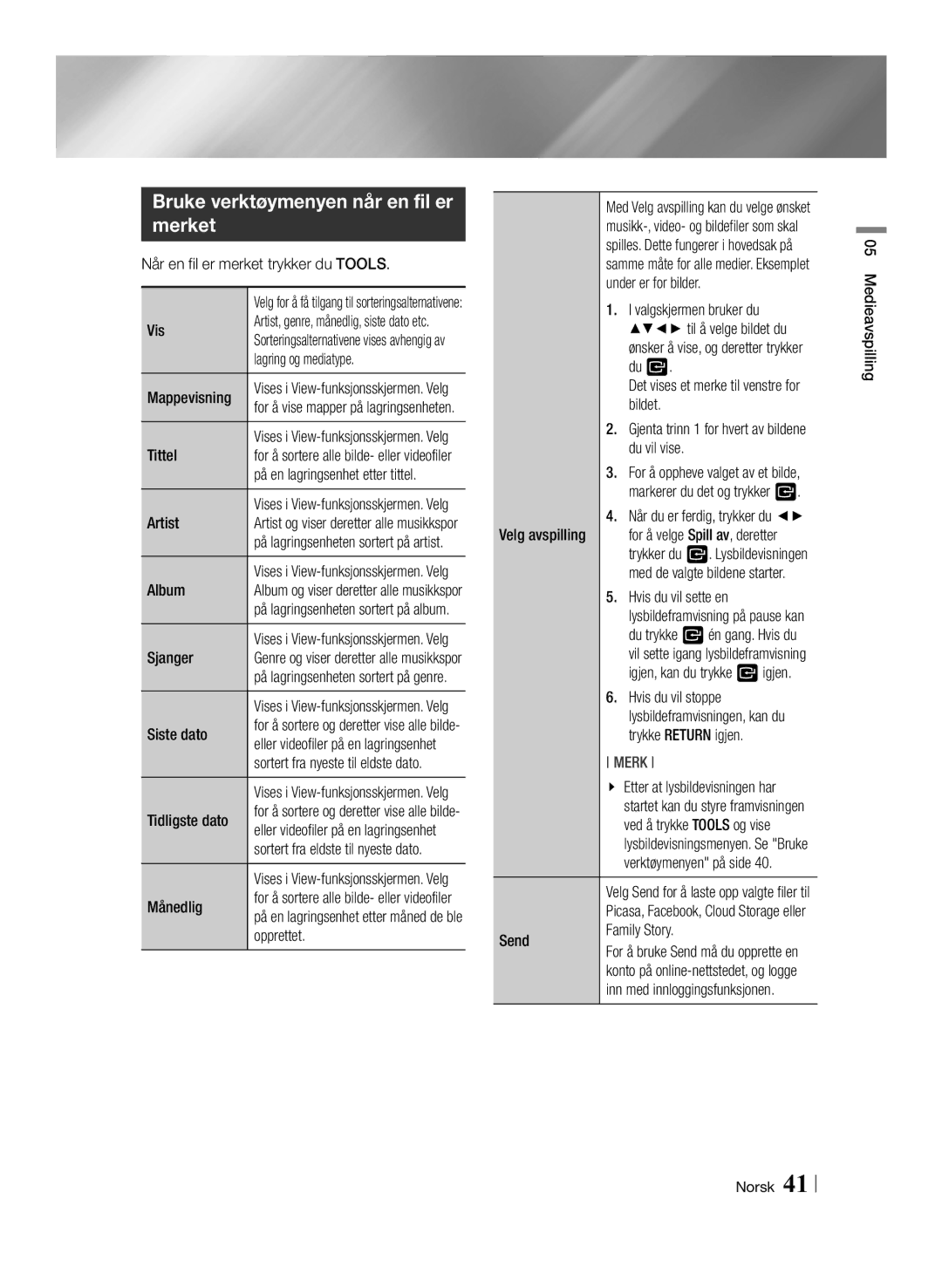 Samsung BD-ES6000/XE, BD-ES6000E/XE manual Bruke verktøymenyen når en fil er merket 