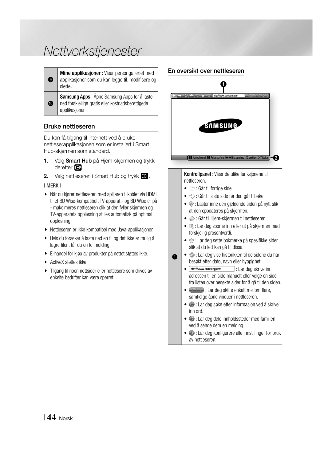 Samsung BD-ES6000E/XE, BD-ES6000/XE manual Bruke nettleseren, Applikasjoner som du kan legge til, modifisere og slette 