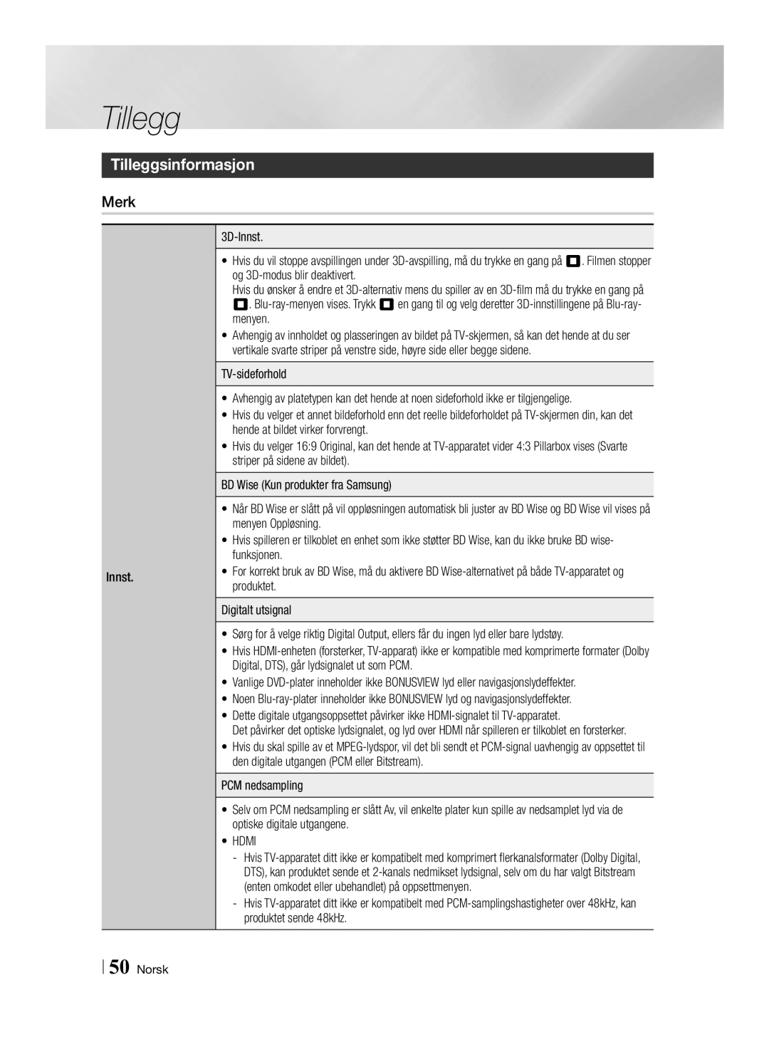 Samsung BD-ES6000E/XE, BD-ES6000/XE manual Tilleggsinformasjon, Merk 