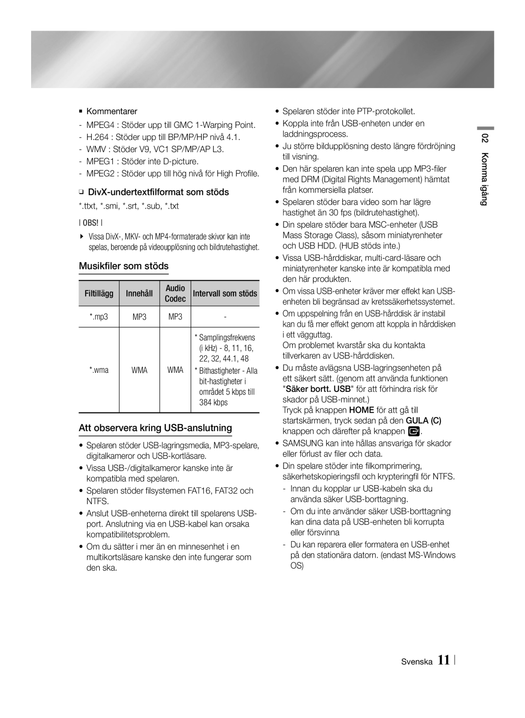 Samsung BD-ES6000E/XE, BD-ES6000/XE manual Musikfiler som stöds, Att observera kring USB-anslutning, Kbps, Bit-hastigheter 