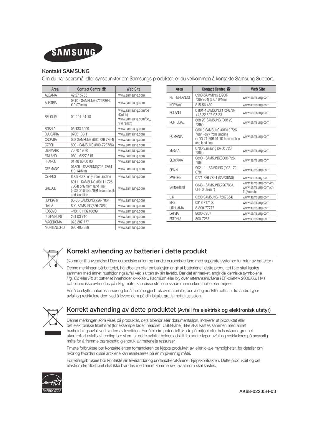 Samsung BD-ES6000/XE, BD-ES6000E/XE manual Korrekt avhending av batterier i dette produkt, Kontakt Samsung 