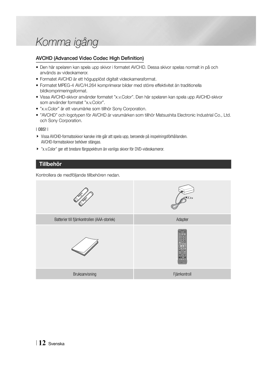 Samsung BD-ES6000/XE, BD-ES6000E/XE Tillbehör, Avchd Advanced Video Codec High Definition, Bruksanvisning Fjärrkontroll 