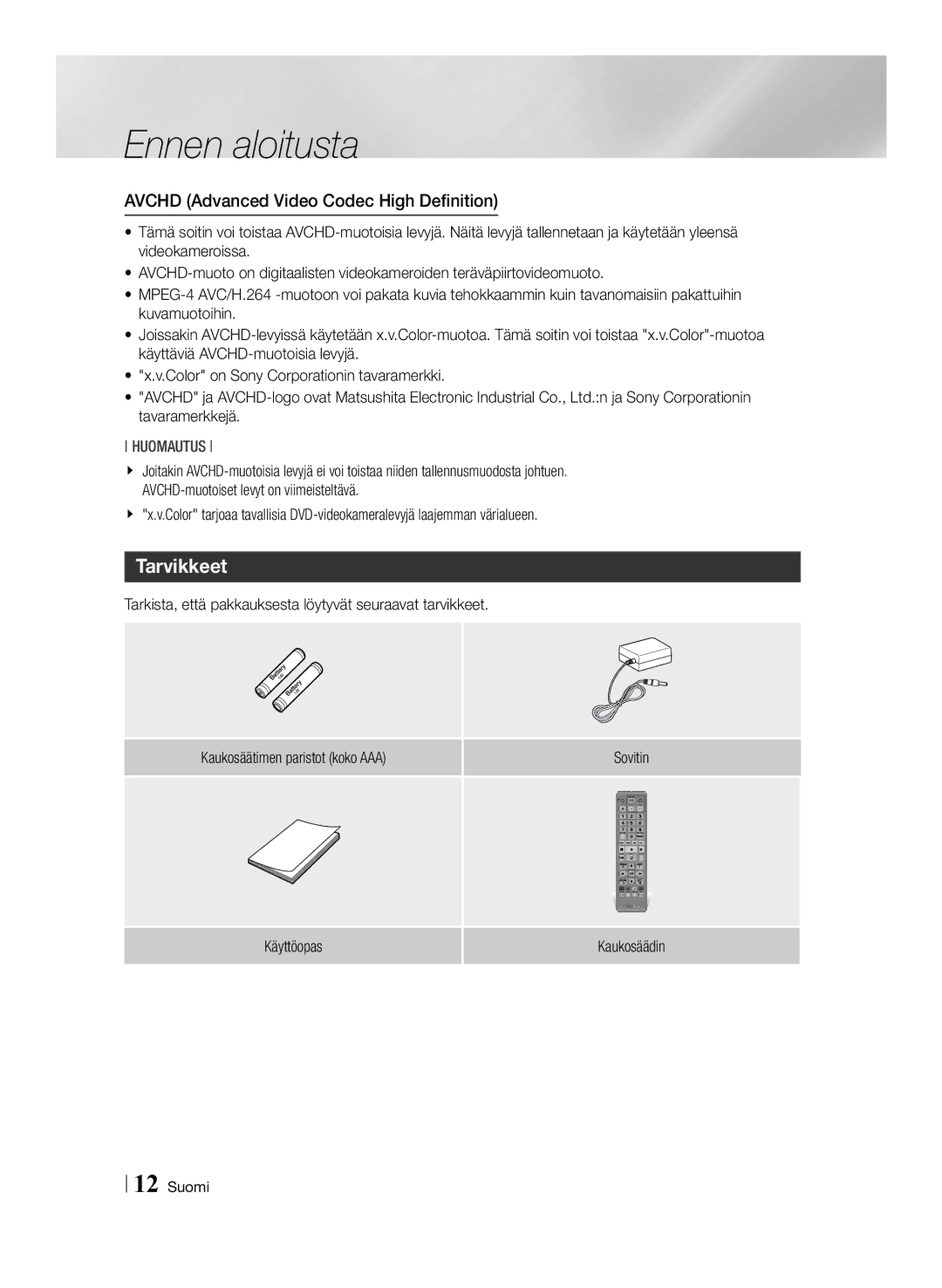 Samsung BD-ES6000/XE, BD-ES6000E/XE manual Tarvikkeet, Käyttöopas Kaukosäädin 