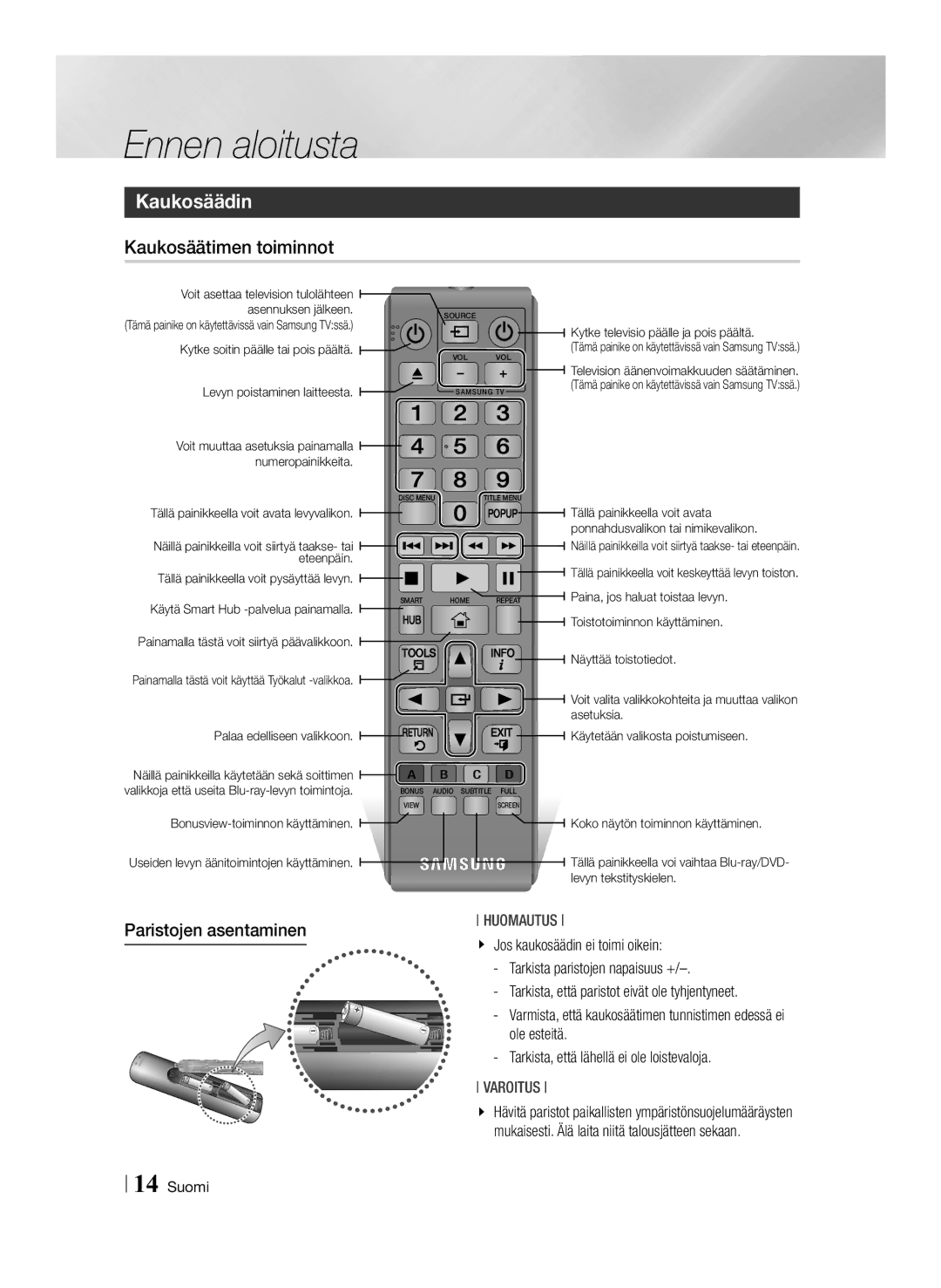 Samsung BD-ES6000/XE, BD-ES6000E/XE manual Kaukosäädin, Kaukosäätimen toiminnot, Paristojen asentaminen 