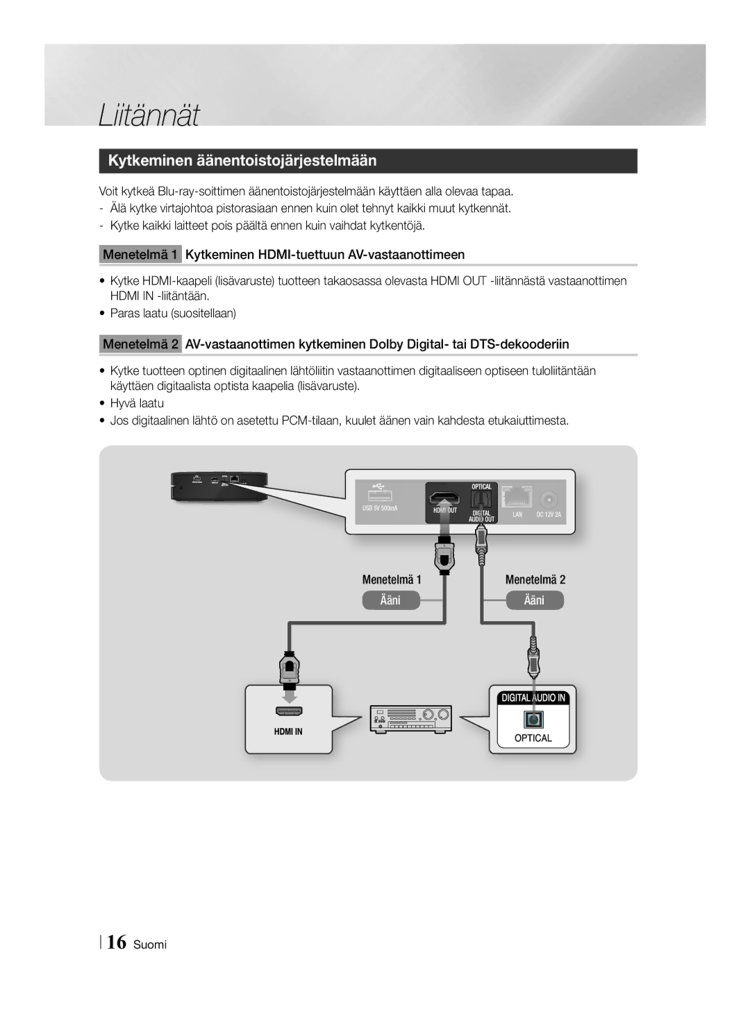 Samsung BD-ES6000/XE, BD-ES6000E/XE manual Kytkeminen äänentoistojärjestelmään 