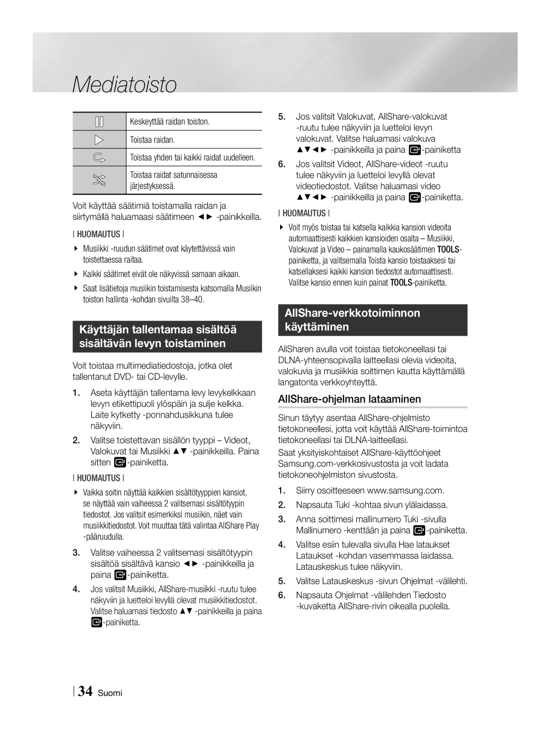 Samsung BD-ES6000/XE, BD-ES6000E/XE manual AllShare-ohjelman lataaminen, Keskeyttää raidan toiston Toistaa raidan 