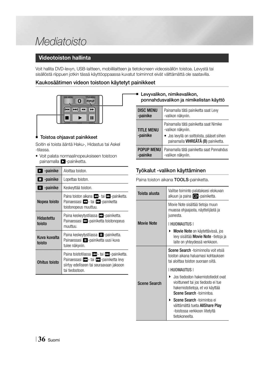 Samsung BD-ES6000/XE, BD-ES6000E/XE manual Videotoiston hallinta, Kaukosäätimen videon toistoon käytetyt painikkeet 