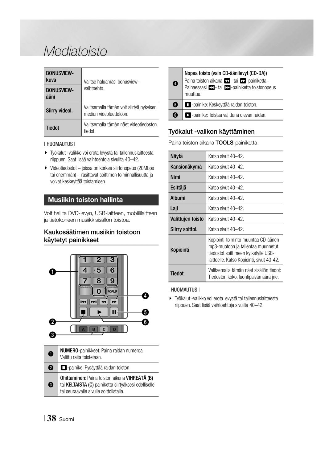 Samsung BD-ES6000/XE, BD-ES6000E/XE manual Musiikin toiston hallinta, Kaukosäätimen musiikin toistoon käytetyt painikkeet 