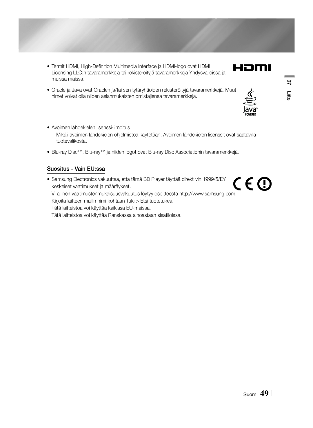 Samsung BD-ES6000E/XE, BD-ES6000/XE manual Suositus Vain EUssa 