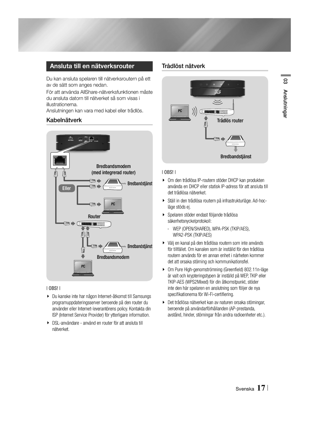 Samsung BD-ES6000E/XE, BD-ES6000/XE manual Ansluta till en nätverksrouter, Kabelnätverk, Trådlöst nätverk 