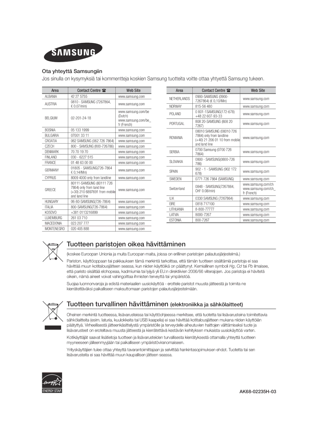 Samsung BD-ES6000E/XE, BD-ES6000/XE manual Tuotteen paristojen oikea hävittäminen, Area 