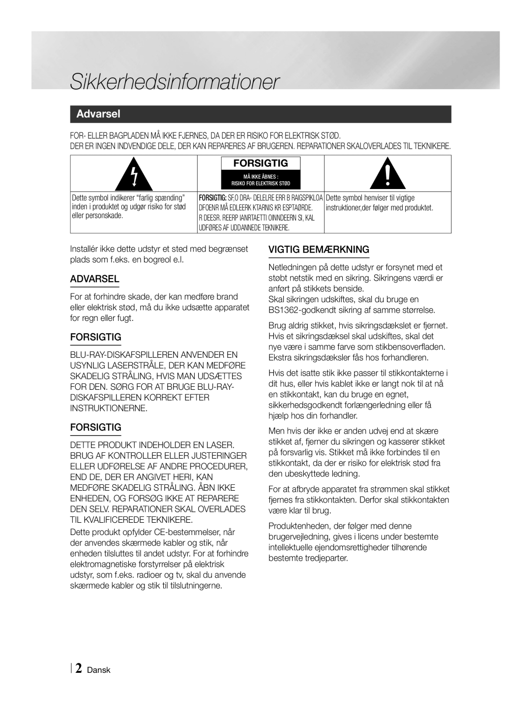 Samsung BD-ES6000E/XE, BD-ES6000/XE Sikkerhedsinformationer, Dette symbol henviser til vigtige, Eller personskade, Dansk 