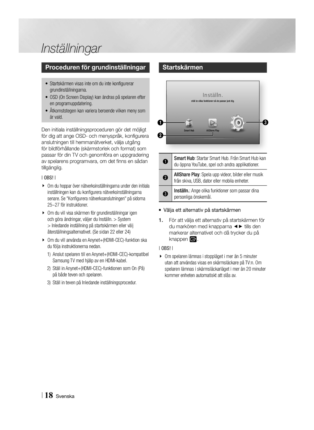 Samsung BD-ES6000/XE, BD-ES6000E/XE Inställningar, Proceduren för grundinställningar, Startskärmen, Personliga önskemål 