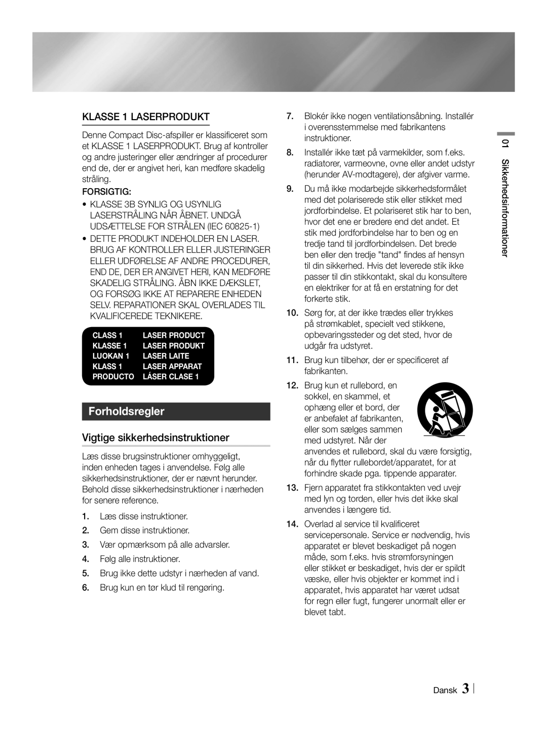 Samsung BD-ES6000/XE, BD-ES6000E/XE manual Vigtige sikkerhedsinstruktioner, Forsigtig, Sikkerhedsinformationer Dansk 