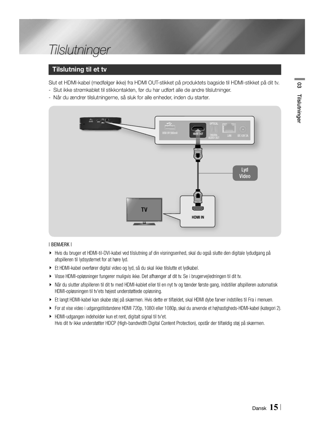 Samsung BD-ES6000/XE, BD-ES6000E/XE manual Tilslutning til et tv, Tilslutninger Dansk 