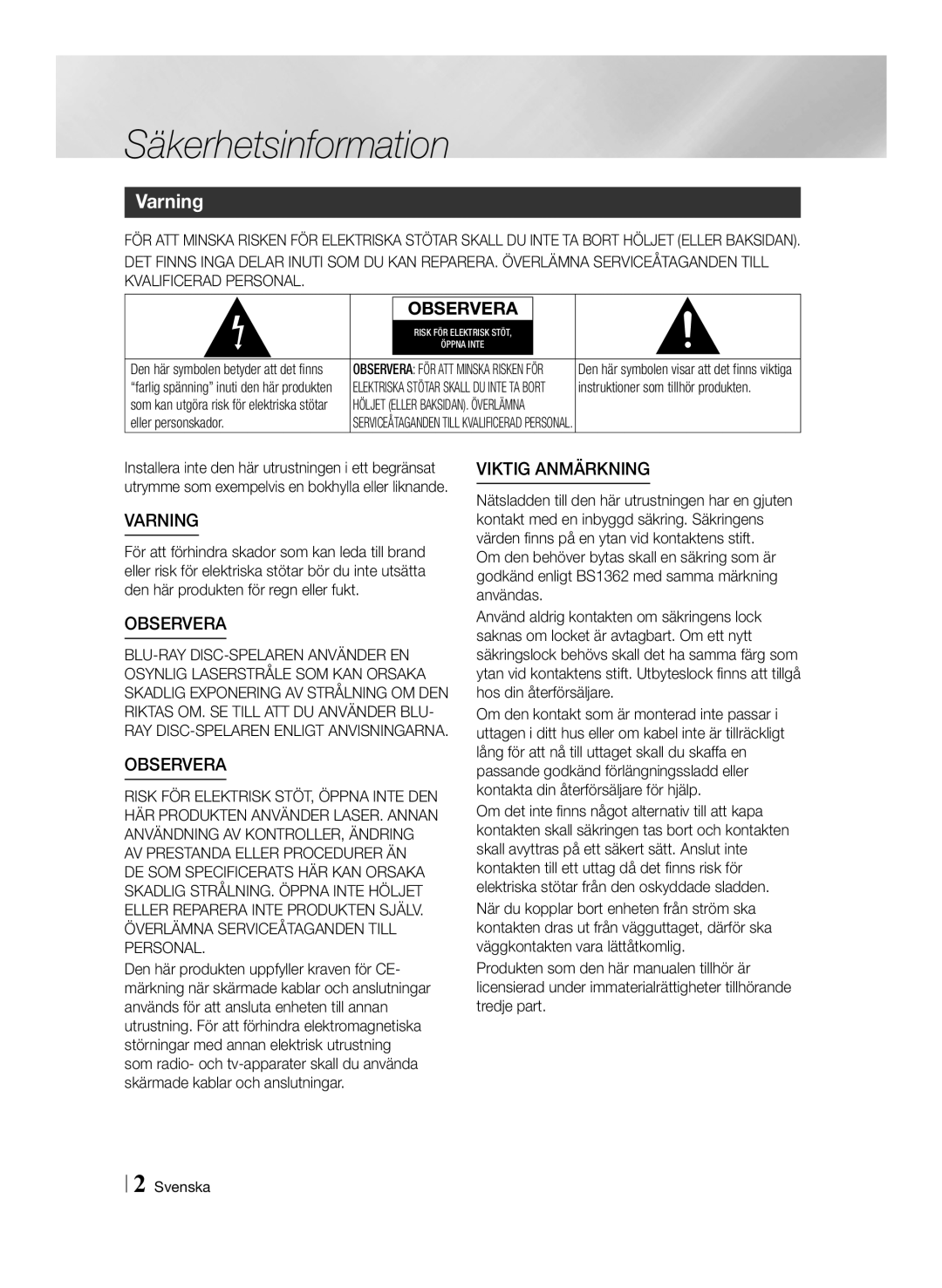 Samsung BD-ES6000/XE manual Säkerhetsinformation, Varning, Eller personskador, Svenska, Instruktioner som tillhör produkten 