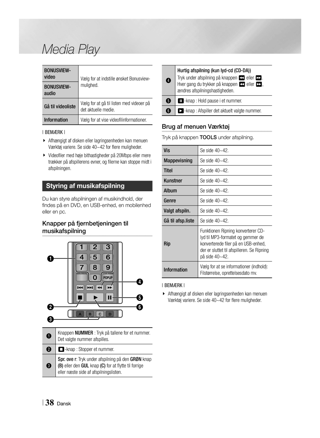 Samsung BD-ES6000E/XE, BD-ES6000/XE manual Styring af musikafspilning, Knapper på fjernbetjeningen til musikafspilning 