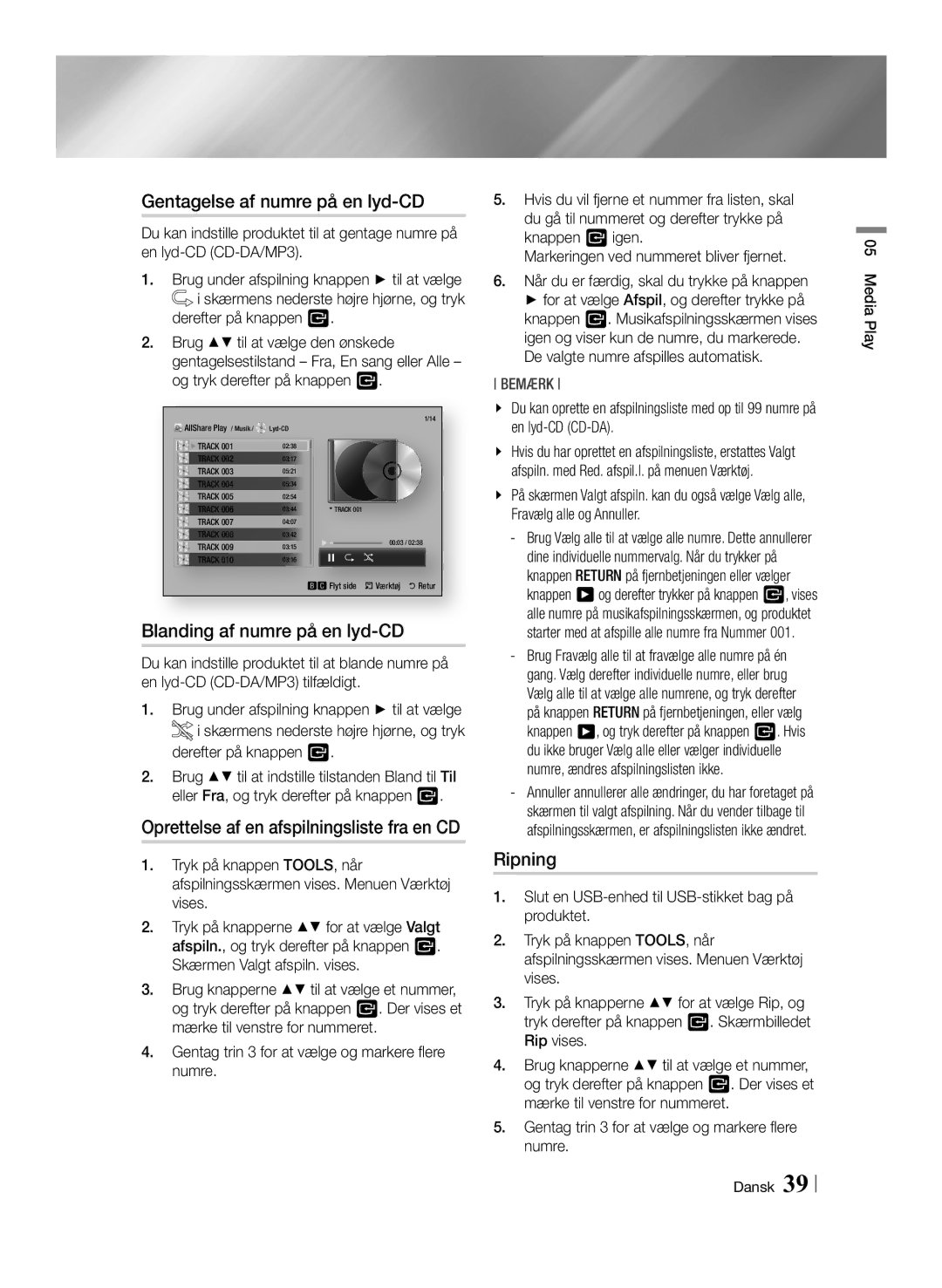 Samsung BD-ES6000/XE, BD-ES6000E/XE manual Gentagelse af numre på en lyd-CD, Blanding af numre på en lyd-CD, Ripning 