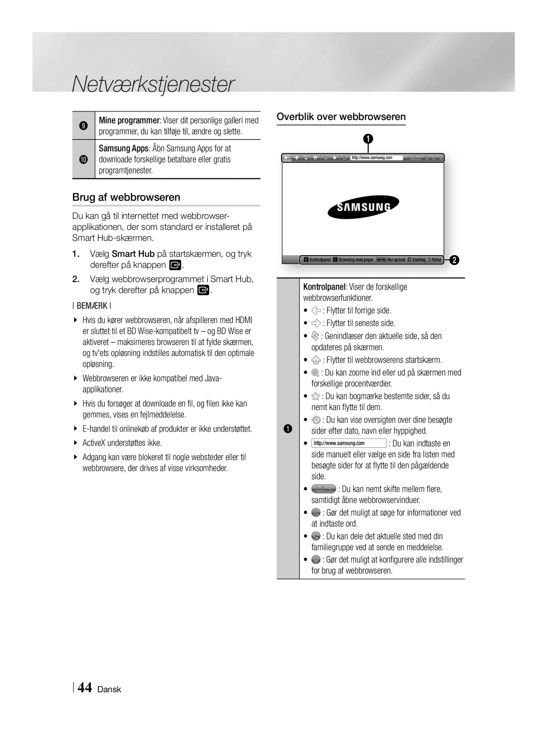 Samsung BD-ES6000E/XE, BD-ES6000/XE manual Brug af webbrowseren, Overblik over webbrowseren 