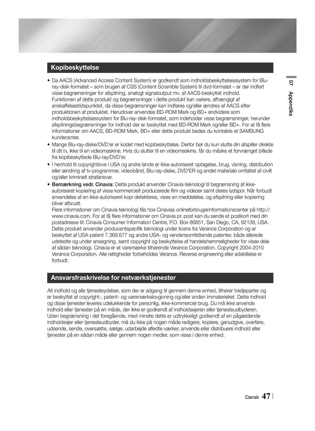 Samsung BD-ES6000/XE, BD-ES6000E/XE manual Ansvarsfraskrivelse for netværkstjenester, Appendiks Dansk 