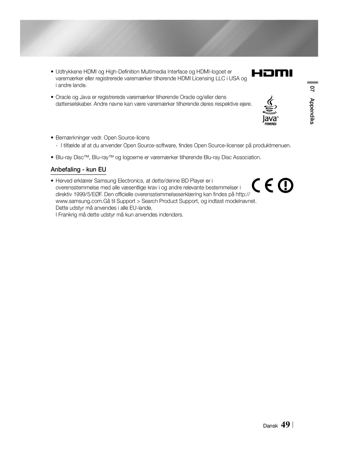 Samsung BD-ES6000/XE, BD-ES6000E/XE manual Anbefaling kun EU, Bemærkninger vedr. Open Source-licens 