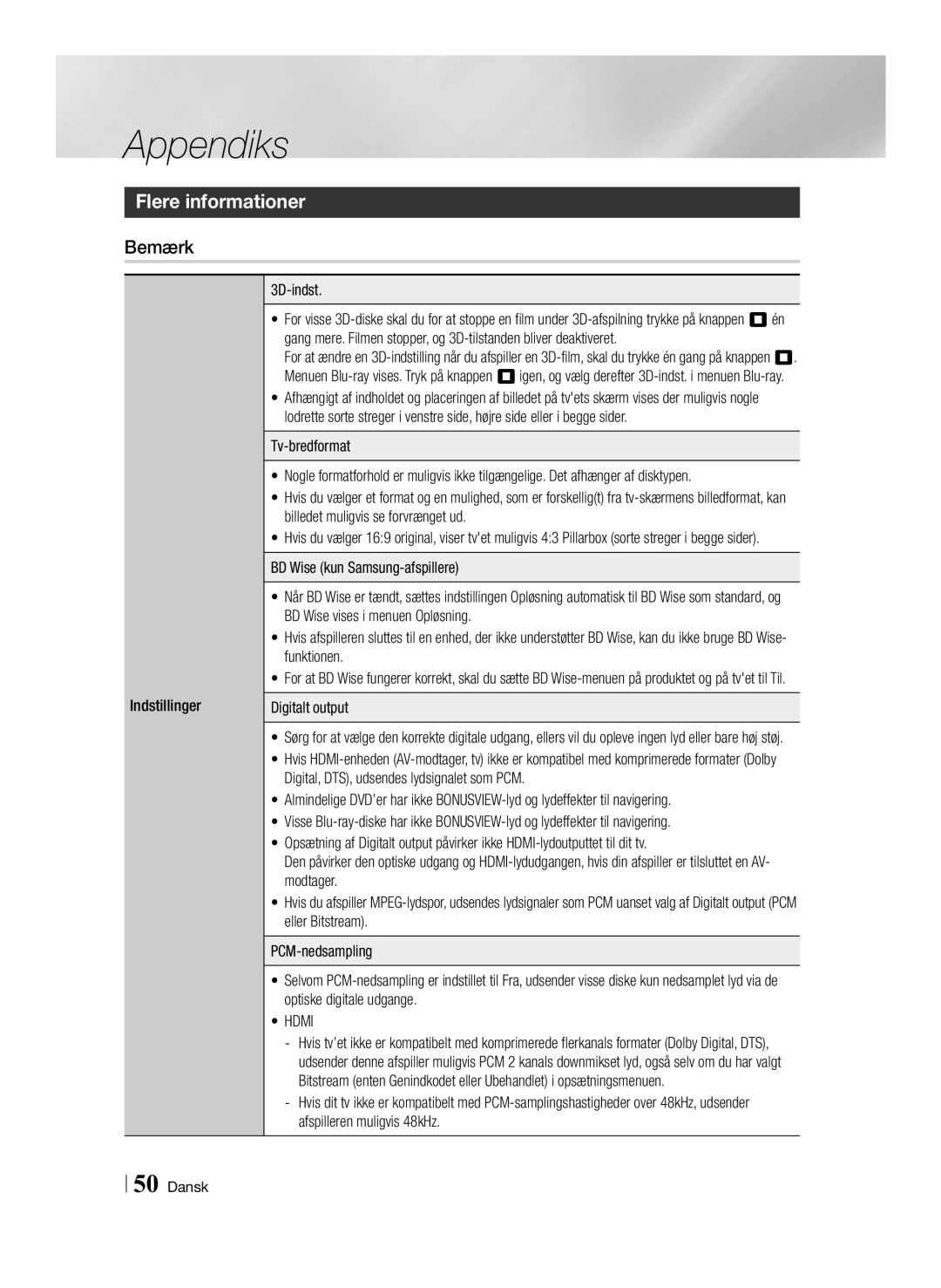 Samsung BD-ES6000E/XE, BD-ES6000/XE manual Flere informationer, Bemærk, Indstillinger 3D-indst, Digitalt output 