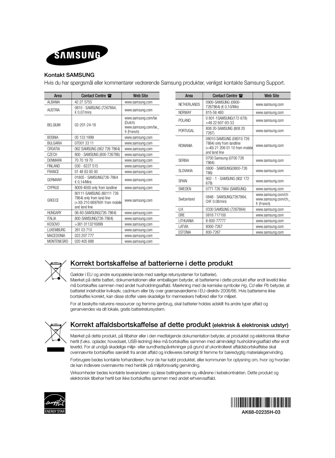 Samsung BD-ES6000/XE, BD-ES6000E/XE manual Korrekt bortskaffelse af batterierne i dette produkt, Kontakt Samsung 