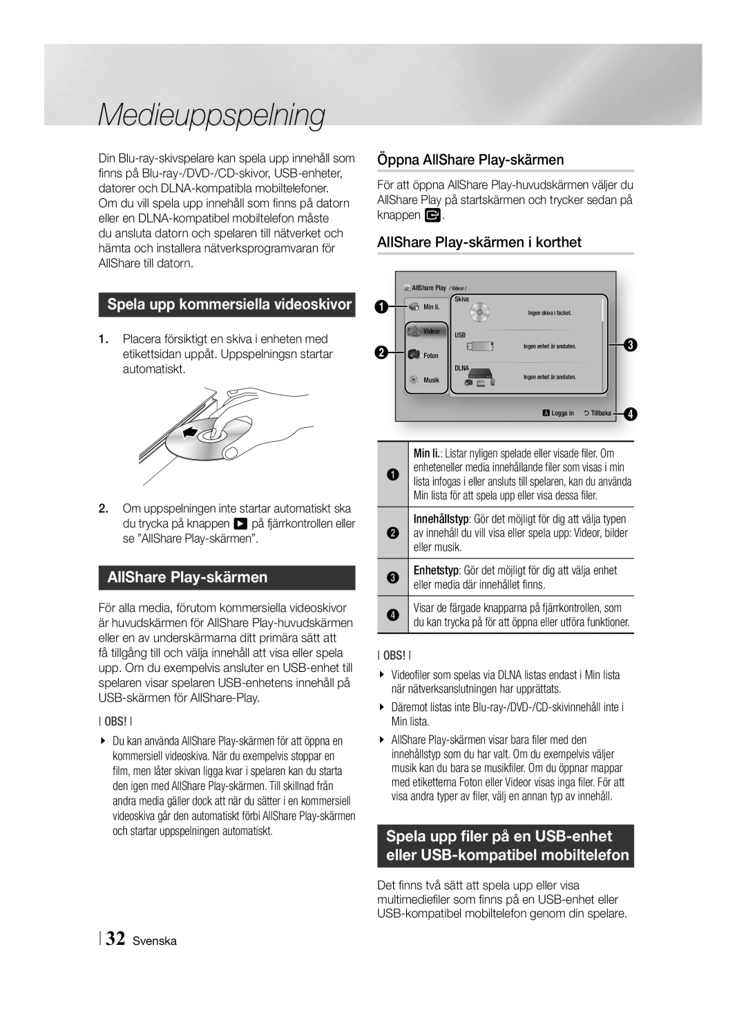 Samsung BD-ES6000/XE, BD-ES6000E/XE manual Medieuppspelning, Öppna AllShare Play-skärmen, AllShare Play-skärmen i korthet 