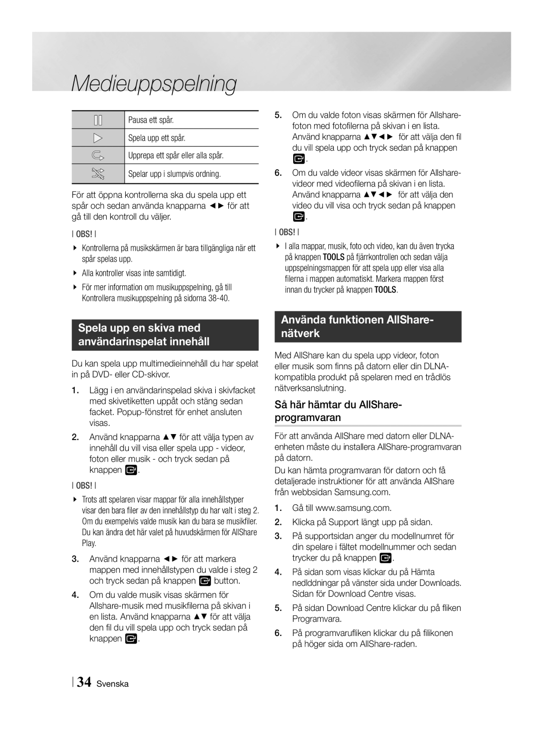 Samsung BD-ES6000/XE, BD-ES6000E/XE manual Använda funktionen AllShare- nätverk, Så här hämtar du AllShare- programvaran 