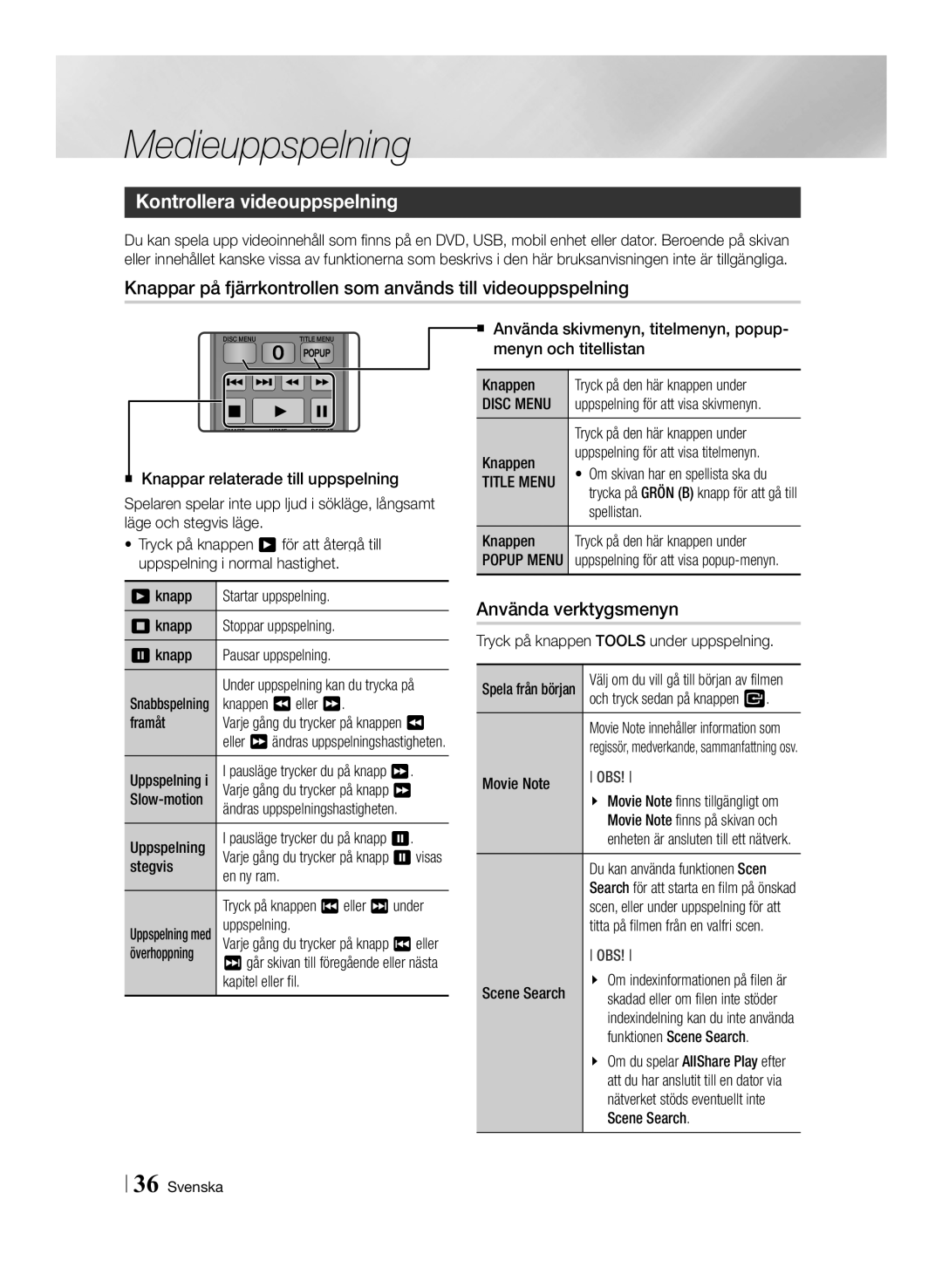 Samsung BD-ES6000/XE, BD-ES6000E/XE manual Kontrollera videouppspelning, Använda verktygsmenyn, Disc Menu, Title Menu 