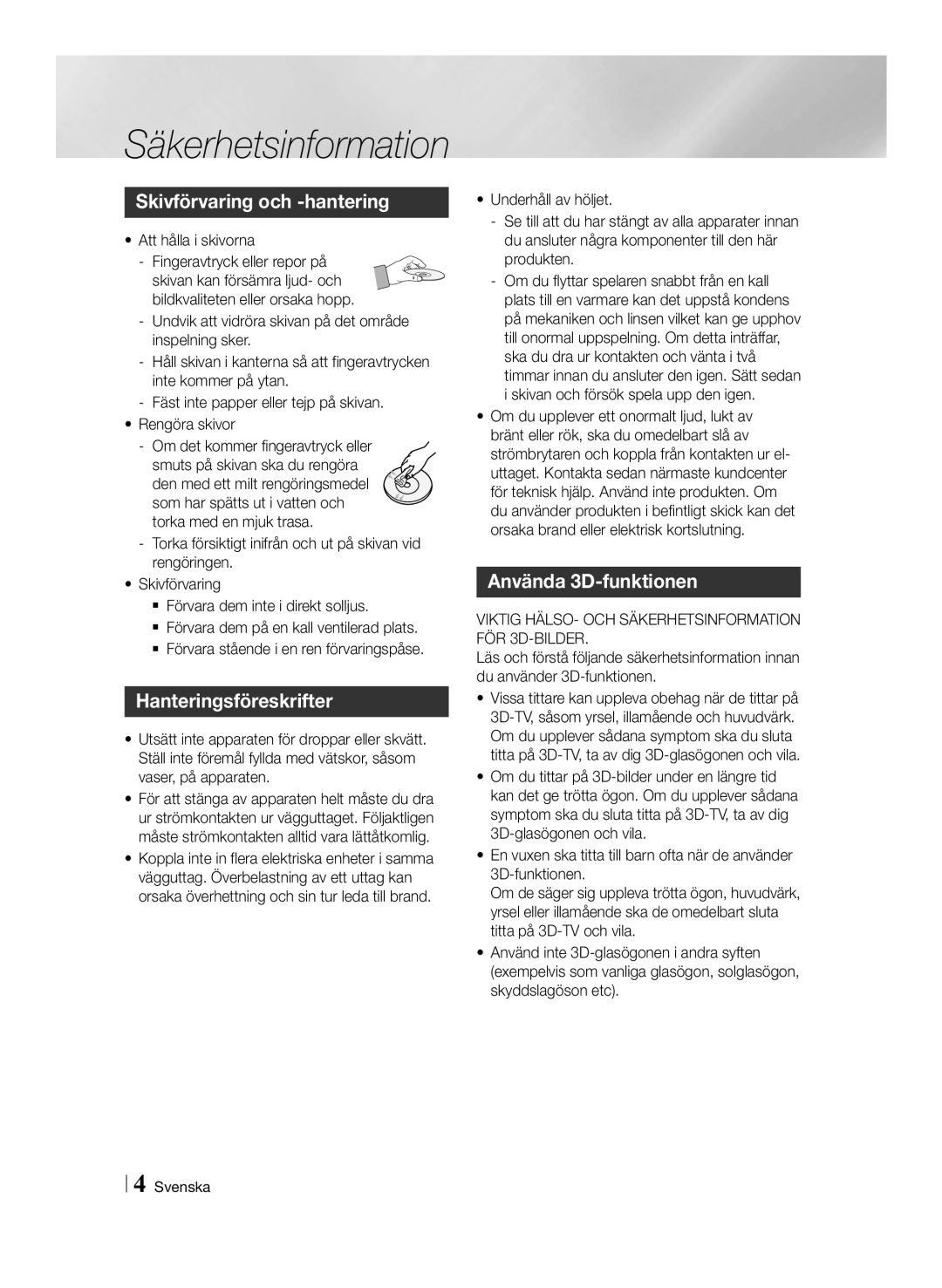 Samsung BD-ES6000/XE, BD-ES6000E/XE manual Skivförvaring och -hantering, Hanteringsföreskrifter, Använda 3D-funktionen 