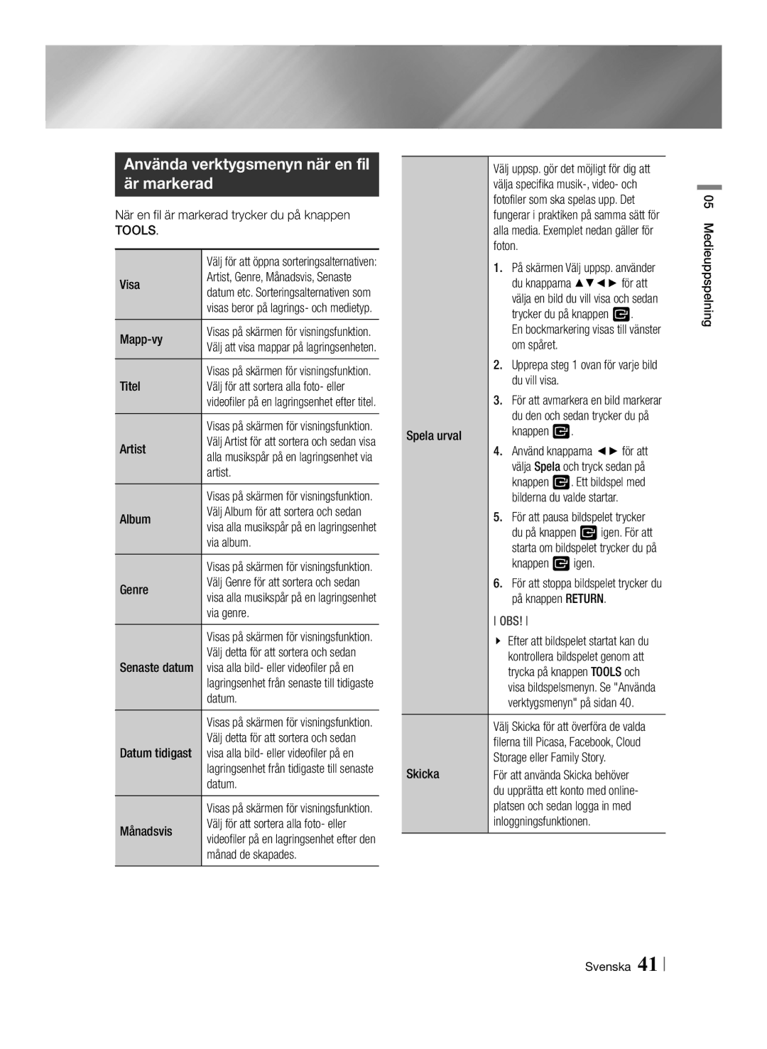 Samsung BD-ES6000E/XE, BD-ES6000/XE manual Använda verktygsmenyn när en fil är markerad, Tools 