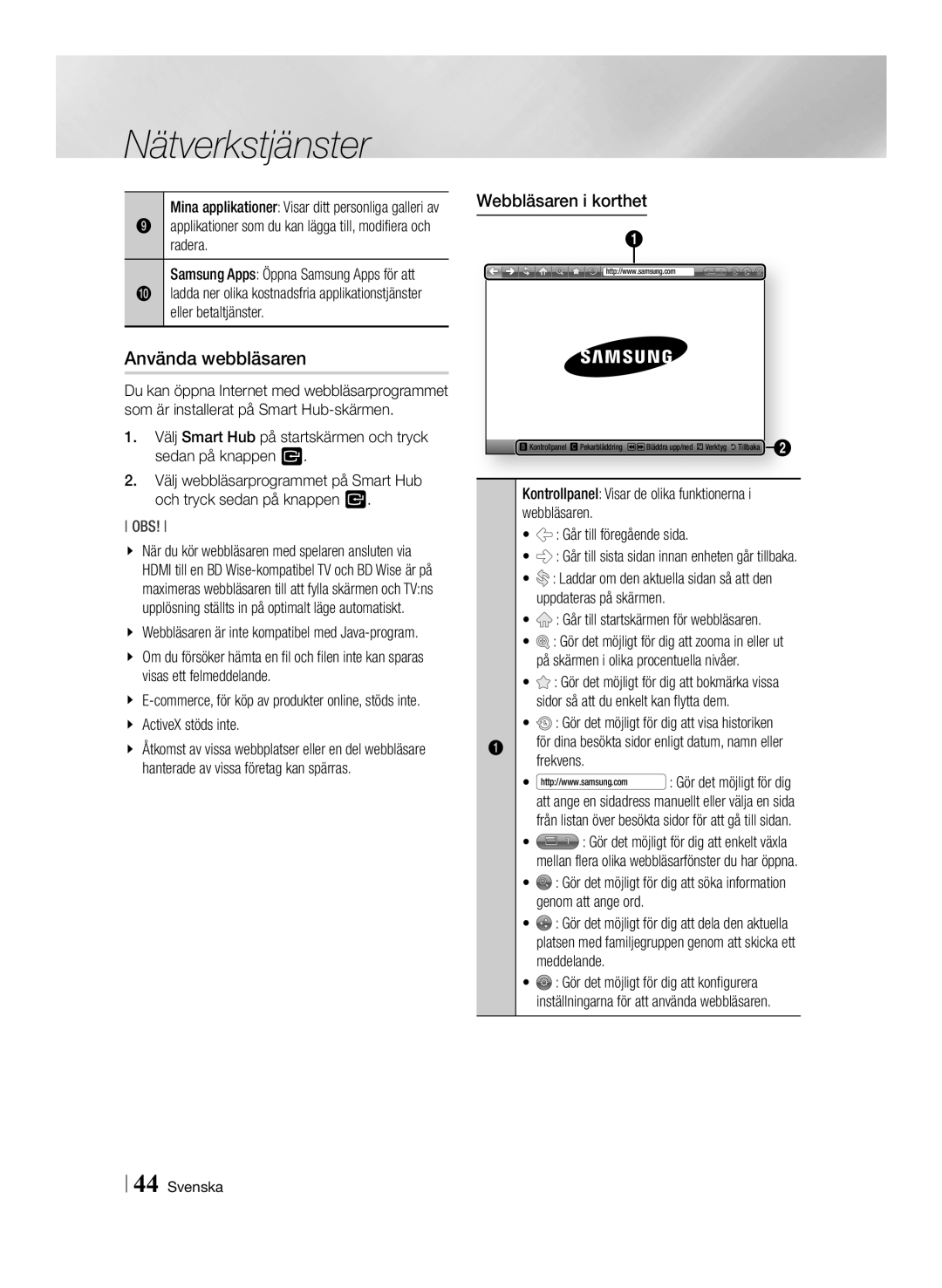 Samsung BD-ES6000/XE Använda webbläsaren, Applikationer som du kan lägga till, modifiera och radera, Webbläsaren i korthet 