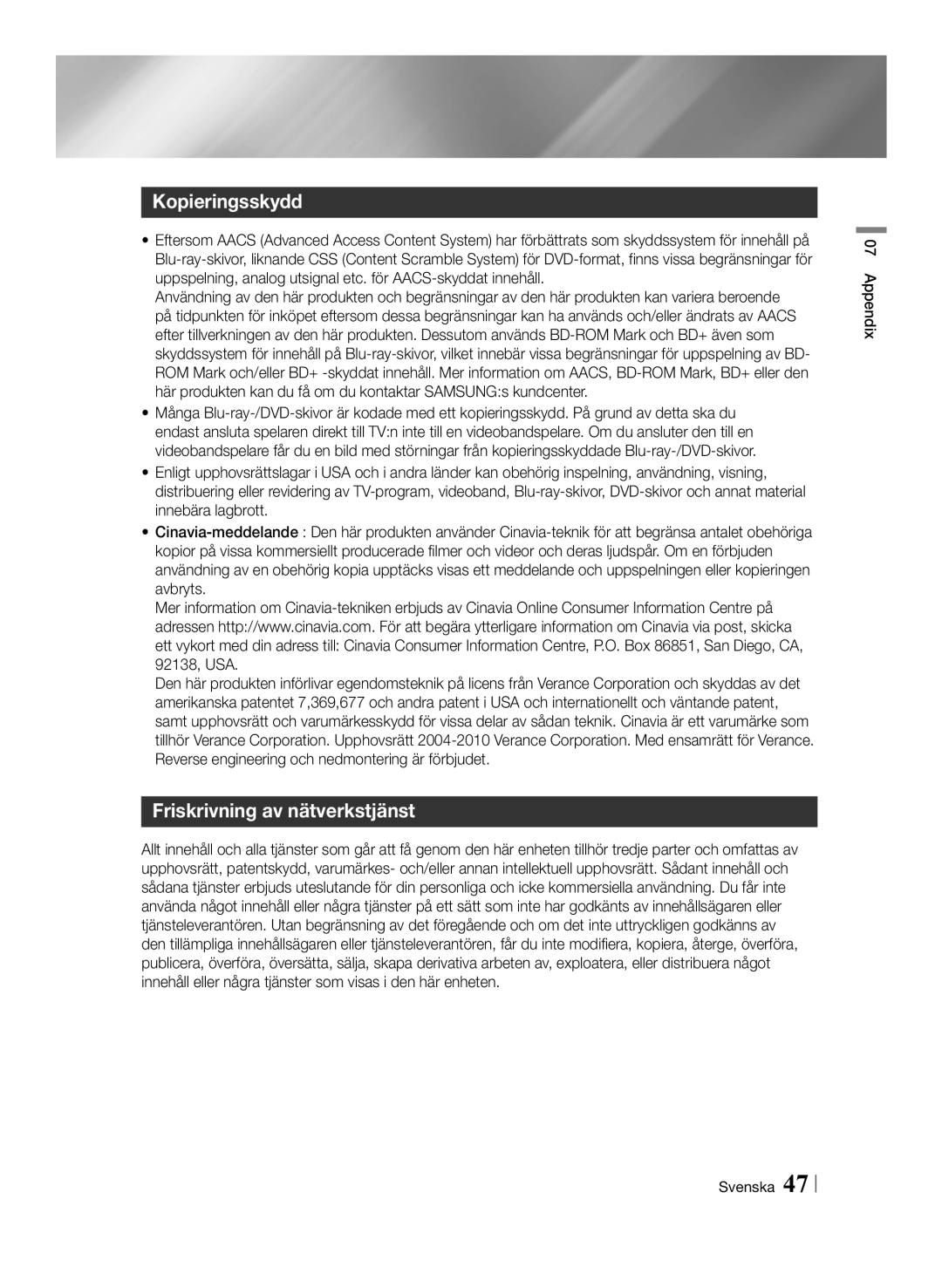 Samsung BD-ES6000E/XE, BD-ES6000/XE manual Kopieringsskydd, Friskrivning av nätverkstjänst, Appendix Svenska 